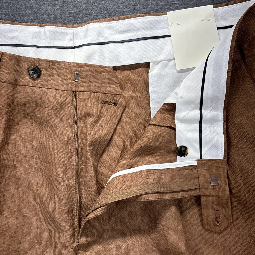 Paul Frederick 100% Linen Dress Pants Mens 42x31 Brown Pleated Cuffed Resort NWT